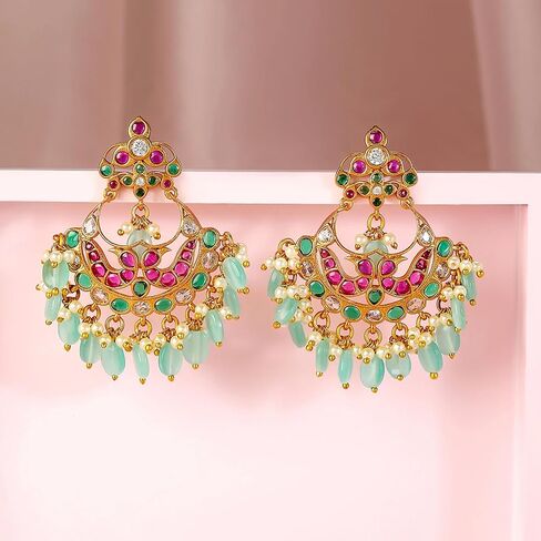 Aheli Rani Pink Faux Ruby Beads Studded Traditional Ethnic Dangle Earrings for Women in Kuwait