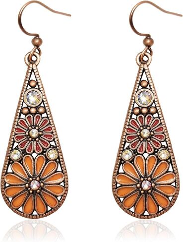 Bohemian Crystal Teardrop Pendant Earring,Vintage Olive Green Hollow Out Flower Floral Dangle Earrings,National Style Geometry Enamel Flower Hook Earrings,Handmade Ethnic Statement Jewelry for Women in Saudi Arabia