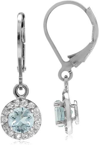 Silvershake 5MM Round Shape Birthstone Gemstone White Gold Plated or Yellow Gold Plated 925 Sterling Silver Halo Leverback Dangle Earrings Jewelry for Women Business Attire in Kuwait