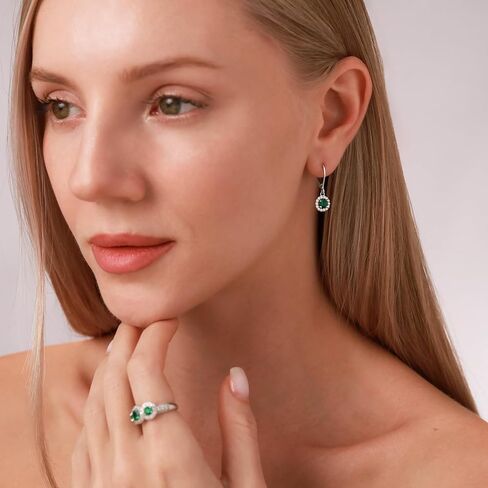 Silvershake 5MM Round Shape Birthstone Gemstone White Gold Plated or Yellow Gold Plated 925 Sterling Silver Halo Leverback Dangle Earrings Jewelry for Women Business Attire in Kuwait