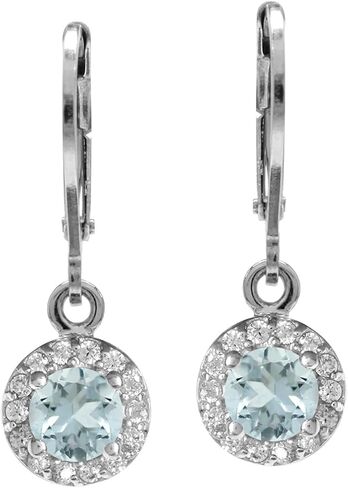 Silvershake 5MM Round Shape Birthstone Gemstone White Gold Plated or Yellow Gold Plated 925 Sterling Silver Halo Leverback Dangle Earrings Jewelry for Women Business Attire in Kuwait
