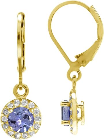 Silvershake 5MM Round Shape Birthstone Gemstone White Gold Plated or Yellow Gold Plated 925 Sterling Silver Halo Leverback Dangle Earrings Jewelry for Women Business Attire in Kuwait