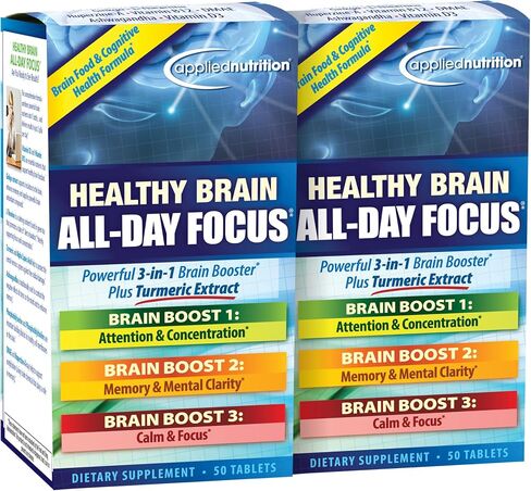 Applied Nutrition Healthy Brain All-Day Focus - 50 Tablets, Pack of 2 - Powerful 3-in-1 Brain Booster with Turmeric Extract - 50 Total Servings in Kuwait
