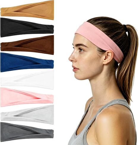 Sports Headband for Women 8 Pack Wide Sweat Headband Stretchy Sports Sweatbands Soft Elastic Fashion Headbands Stretchy Headband for Running Cycling Football Basketball Yoga Workout in Kuwait