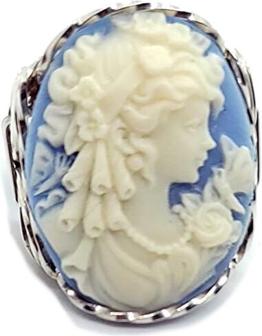 .925 Sterling Silver Blue Grecian Goddess Butterflies Large Cameo Ring Jewelry in Kuwait