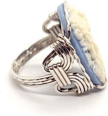 .925 Sterling Silver Blue Grecian Goddess Butterflies Large Cameo Ring Jewelry in Kuwait