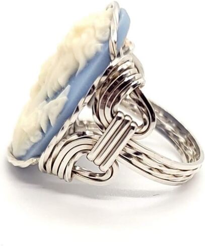 .925 Sterling Silver Blue Grecian Goddess Butterflies Large Cameo Ring Jewelry in Kuwait