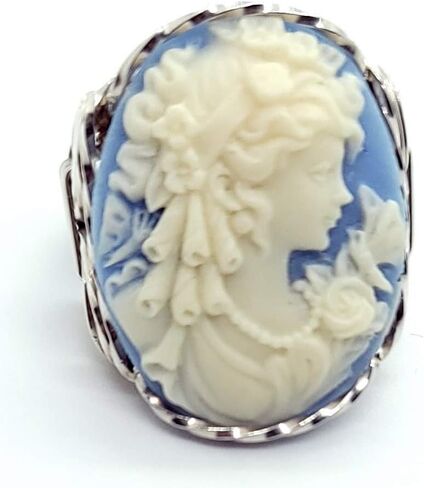 .925 Sterling Silver Blue Grecian Goddess Butterflies Large Cameo Ring Jewelry in Kuwait
