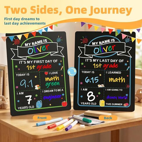 VUSIGN First Day of School Sign, 14"x10" First and Last Day of School Sign Double-Sided with 5 Liquid Chalk Markers, Reusable Chalkboard Double Sided Sign for Kids, Kindergarten, Preschool in Saudi Arabia