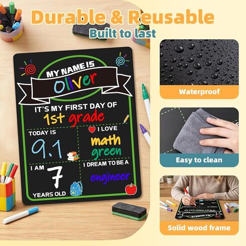 VUSIGN First Day of School Sign, 14"x10" First and Last Day of School Sign Double-Sided with 5 Liquid Chalk Markers, Reusable Chalkboard Double Sided Sign for Kids, Kindergarten, Preschool in Saudi Arabia