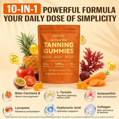 Tanning Gummies, Sunless Tanning Supplement for Women and Men, with Beta Astaxanthin, Carotene, Lycopene, Collagen & Vitamins | Skin Radiance & Hydration | Vegan & Sugar Free - 60 Count in Saudi Arabia