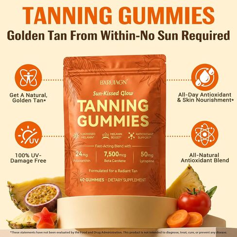 Tanning Gummies, Sunless Tanning Supplement for Women and Men, with Beta Astaxanthin, Carotene, Lycopene, Collagen & Vitamins | Skin Radiance & Hydration | Vegan & Sugar Free - 60 Count in Saudi Arabia