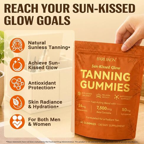 Tanning Gummies, Sunless Tanning Supplement for Women and Men, with Beta Astaxanthin, Carotene, Lycopene, Collagen & Vitamins | Skin Radiance & Hydration | Vegan & Sugar Free - 60 Count in Saudi Arabia
