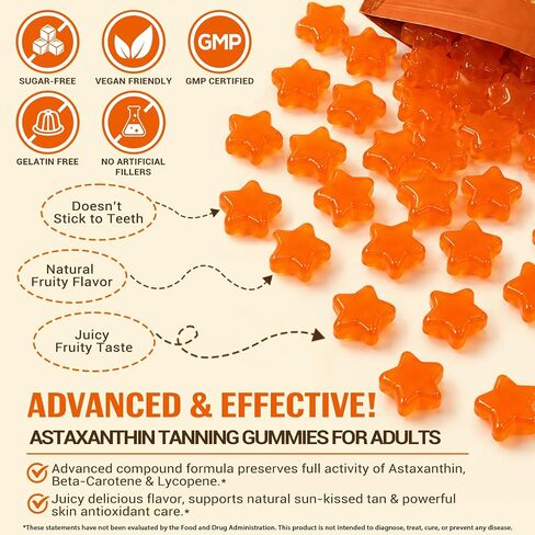 Tanning Gummies, Sunless Tanning Supplement for Women and Men, with Beta Astaxanthin, Carotene, Lycopene, Collagen & Vitamins | Skin Radiance & Hydration | Vegan & Sugar Free - 60 Count in Saudi Arabia
