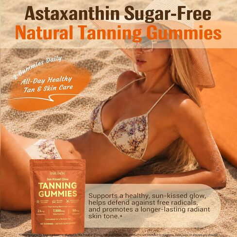Tanning Gummies, Sunless Tanning Supplement for Women and Men, with Beta Astaxanthin, Carotene, Lycopene, Collagen & Vitamins | Skin Radiance & Hydration | Vegan & Sugar Free - 60 Count in Saudi Arabia