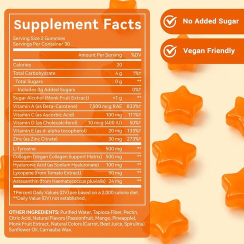Tanning Gummies, Sunless Tanning Supplement for Women and Men, with Beta Astaxanthin, Carotene, Lycopene, Collagen & Vitamins | Skin Radiance & Hydration | Vegan & Sugar Free - 60 Count in Saudi Arabia