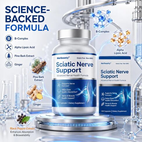 Sciatic Nerve Support Supplement, 120 Count for Lower Back and Leg Comfort, Alpha Lipoic Acid & Vitamin B Complex Supporting Healthy Muscle, Nerve Function and Easy Mobility in Kuwait