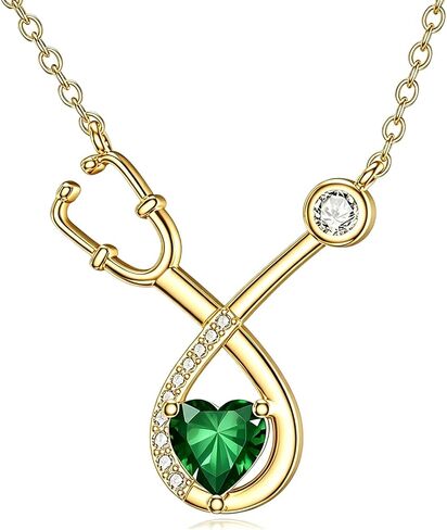 Midari 18K Gold Stethoscope Birthstone Necklace Nurse Stethoscope Pendant Necklace with 12 Months Birthstones Graduation Gifts Medical Jewelry for Doctor Students in Saudi Arabia