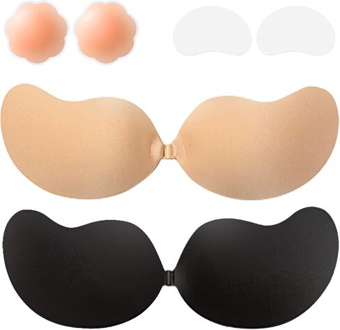 Sticky Bra Adhesive Push Up Invisible Strapless Bras for Women 2 Pairs Reusable with Nipple Covers for Backless in Kuwait
