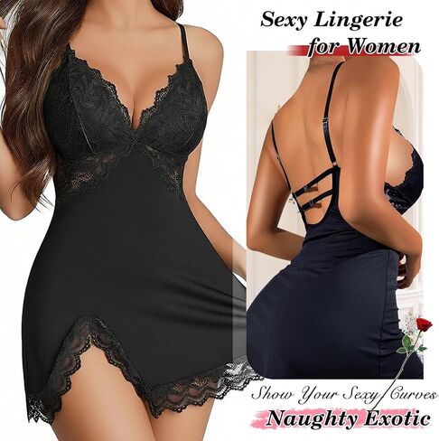 Famstar Sexy Lace Trim Slip Dress Lingerie Babydoll for Women with Floral Side Slit Deep V Neck in Saudi Arabia