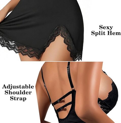 Famstar Sexy Lace Trim Slip Dress Lingerie Babydoll for Women with Floral Side Slit Deep V Neck in Saudi Arabia