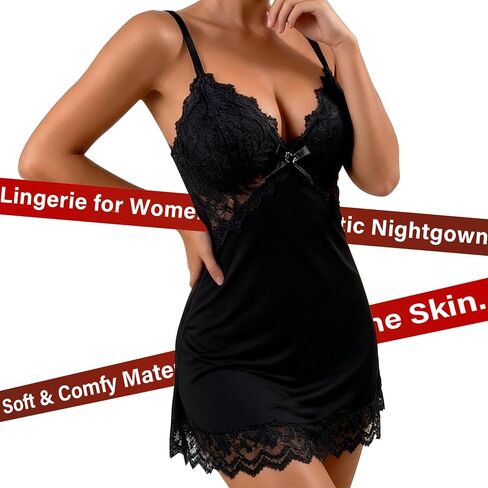 Famstar Sexy Lace Trim Slip Dress Lingerie Babydoll for Women with Floral Side Slit Deep V Neck in Saudi Arabia