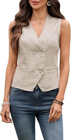 Women's 100% Linen Vest V Neck Double Breasted Back Tie Blazer Suit Vest Sleeveless 2026 Waistcoat with Pocket in Saudi Arabia
