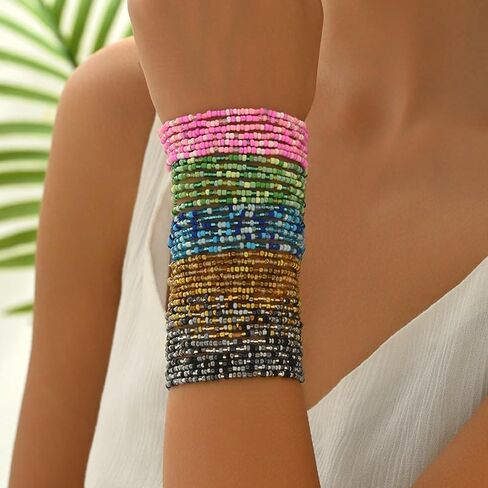 Caiyao 36Pcs Colorful Elastic Seed Beaded Bracelets Set Bohemia Multilayer Rainbow Beaded Stretch Bracelet Anklet Adjustable Glass Beads Wristbands for Women Summer Beach Boho Vaction Jewelry in Kuwait