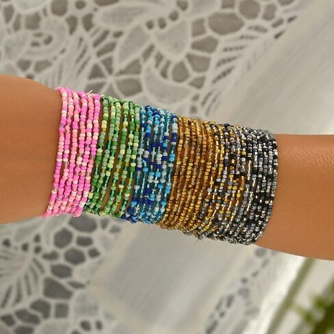 Caiyao 36Pcs Colorful Elastic Seed Beaded Bracelets Set Bohemia Multilayer Rainbow Beaded Stretch Bracelet Anklet Adjustable Glass Beads Wristbands for Women Summer Beach Boho Vaction Jewelry in Kuwait