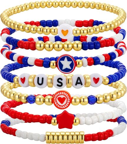 4th of July Outfits for Women Red White Blue Small Beaded Stackable Stretch Bracelets USA Patriotic Jewelry 4th of July Accessories in Saudi Arabia