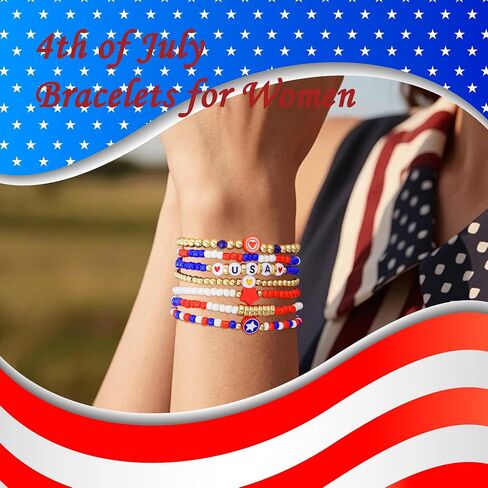 4th of July Outfits for Women Red White Blue Small Beaded Stackable Stretch Bracelets USA Patriotic Jewelry 4th of July Accessories in Saudi Arabia