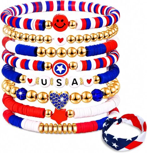 USA 250th Anniversary Bracelet & Bandana Set, 8PCS Patriotic Red White Blue Stackable Beaded Bracelets for Women Teens, 4th of July Independence Day Accessories & Gifts in Kuwait