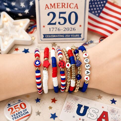 USA 250th Anniversary Bracelet & Bandana Set, 8PCS Patriotic Red White Blue Stackable Beaded Bracelets for Women Teens, 4th of July Independence Day Accessories & Gifts in Kuwait