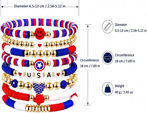 USA 250th Anniversary Bracelet & Bandana Set, 8PCS Patriotic Red White Blue Stackable Beaded Bracelets for Women Teens, 4th of July Independence Day Accessories & Gifts in Kuwait