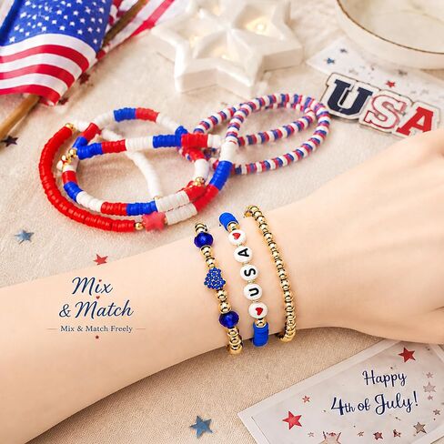 USA 250th Anniversary Bracelet & Bandana Set, 8PCS Patriotic Red White Blue Stackable Beaded Bracelets for Women Teens, 4th of July Independence Day Accessories & Gifts in Kuwait