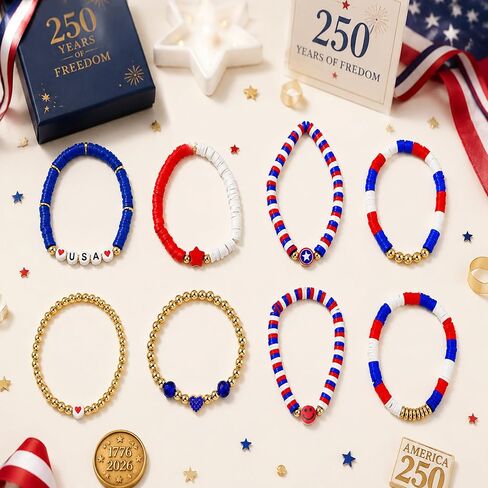 USA 250th Anniversary Bracelet & Bandana Set, 8PCS Patriotic Red White Blue Stackable Beaded Bracelets for Women Teens, 4th of July Independence Day Accessories & Gifts in Kuwait