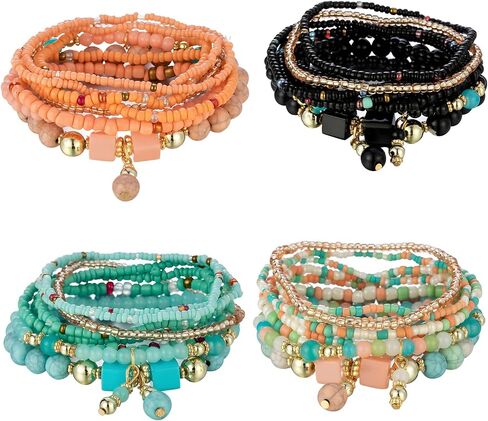4 Sets Bohemian Stackable Bead Bracelets, Multilayer Stretch Colorful Beaded Strand Bracelets Handmade Boho Style Jewelry, Fashion Accessories for Women Daily Wear Vacation Parties Gifts in Saudi Arabia