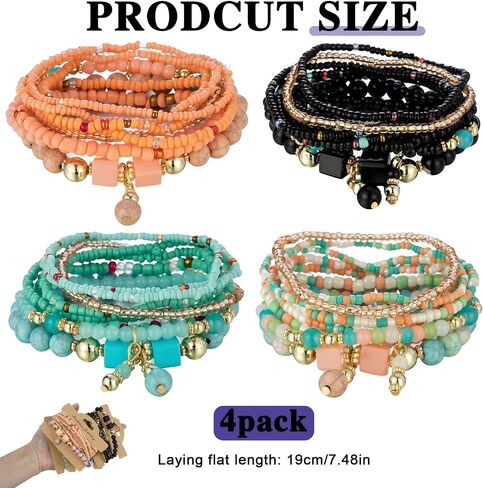 4 Sets Bohemian Stackable Bead Bracelets, Multilayer Stretch Colorful Beaded Strand Bracelets Handmade Boho Style Jewelry, Fashion Accessories for Women Daily Wear Vacation Parties Gifts in Saudi Arabia