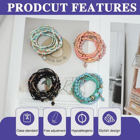 4 Sets Bohemian Stackable Bead Bracelets, Multilayer Stretch Colorful Beaded Strand Bracelets Handmade Boho Style Jewelry, Fashion Accessories for Women Daily Wear Vacation Parties Gifts in Saudi Arabia