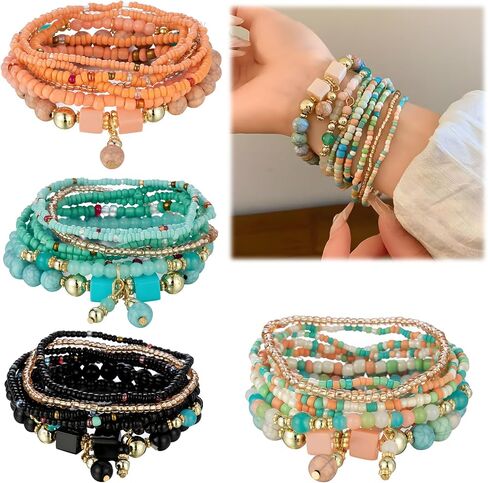 4 Sets Bohemian Stackable Bead Bracelets, Multilayer Stretch Colorful Beaded Strand Bracelets Handmade Boho Style Jewelry, Fashion Accessories for Women Daily Wear Vacation Parties Gifts in Saudi Arabia