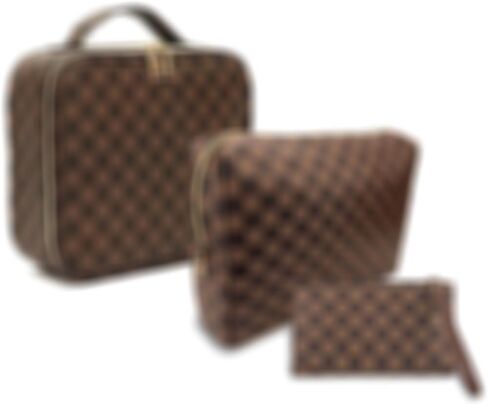 Makeup Bag,3 Pcs Brown Checkered Bags Set,Portable with Adjustable Partition,Large Capacity Pouch for Travel Cosmetic Organizer, Coin Purse, Waterproof, Toiletries,Designer for Gift,Checkered in Saudi Arabia