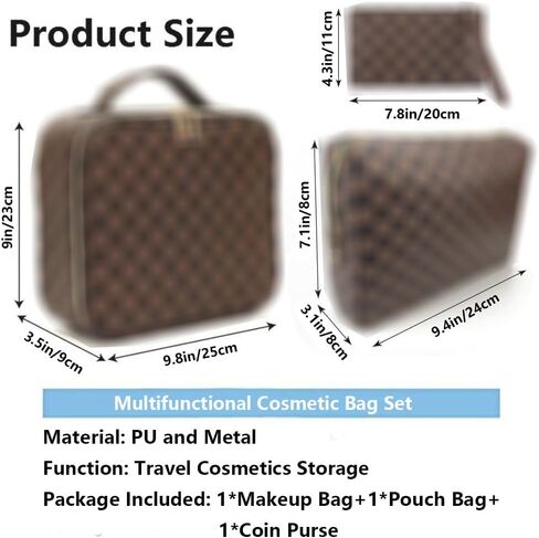 Makeup Bag,3 Pcs Brown Checkered Bags Set,Portable with Adjustable Partition,Large Capacity Pouch for Travel Cosmetic Organizer, Coin Purse, Waterproof, Toiletries,Designer for Gift,Checkered in Saudi Arabia