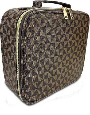 Makeup Bag,3 Pcs Brown Checkered Bags Set,Portable with Adjustable Partition,Large Capacity Pouch for Travel Cosmetic Organizer, Coin Purse, Waterproof, Toiletries,Designer for Gift,Checkered in Saudi Arabia