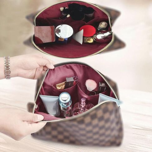 Makeup Bag,3 Pcs Brown Checkered Bags Set,Portable with Adjustable Partition,Large Capacity Pouch for Travel Cosmetic Organizer, Coin Purse, Waterproof, Toiletries,Designer for Gift,Checkered in Saudi Arabia
