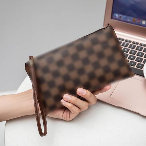 Makeup Bag,3 Pcs Brown Checkered Bags Set,Portable with Adjustable Partition,Large Capacity Pouch for Travel Cosmetic Organizer, Coin Purse, Waterproof, Toiletries,Designer for Gift,Checkered in Saudi Arabia
