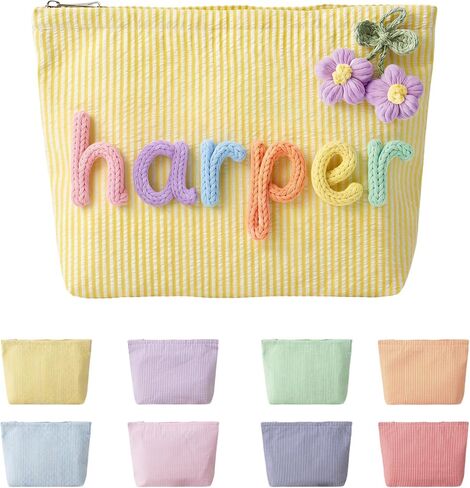Personalized striped makeup bag, portable toiletry bag perfect for beach and villa pool vacations. Custom storage cosmetic bag for ladies daily use, ideal travel gift. in Saudi Arabia