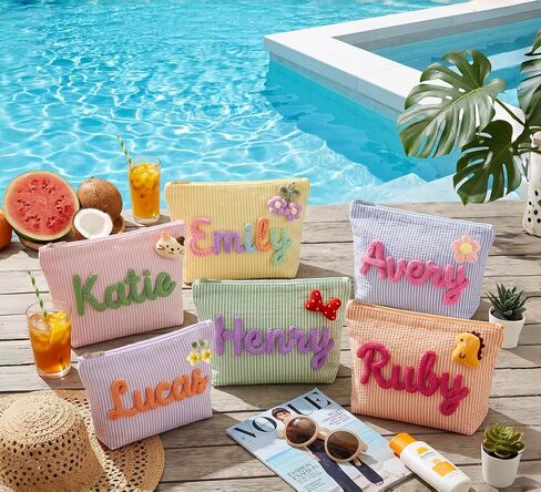 Personalized striped makeup bag, portable toiletry bag perfect for beach and villa pool vacations. Custom storage cosmetic bag for ladies daily use, ideal travel gift. in Saudi Arabia