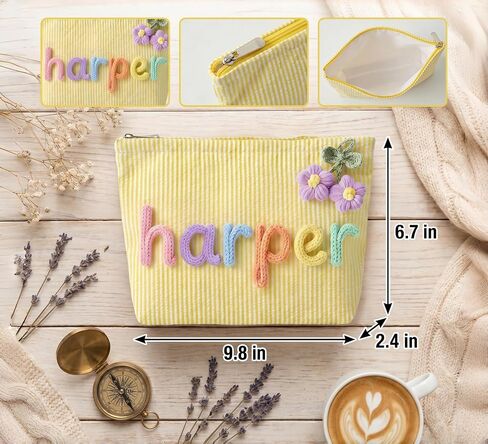 Personalized striped makeup bag, portable toiletry bag perfect for beach and villa pool vacations. Custom storage cosmetic bag for ladies daily use, ideal travel gift. in Saudi Arabia