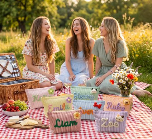 Personalized striped makeup bag, portable toiletry bag perfect for beach and villa pool vacations. Custom storage cosmetic bag for ladies daily use, ideal travel gift. in Saudi Arabia