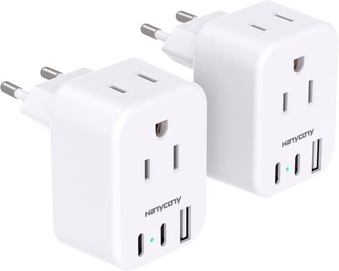 European Travel Plug Adapter for International, HANYCONY Italy Spain Power Adapter 2 Outlets 2 USB C Ports, Type C Adapter Travel Cruise Essentials for US to Most Europe France Germany EU, 2 Pack in Saudi Arabia